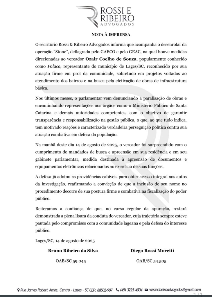 Defesa de Polaco emite nota sobre operação do Gaeco em Lages 1 IMG 3314